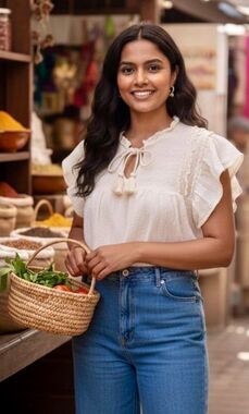 THML Anthro Butter Yellow Seersucker Smocked Tassel Flutter Sleeve Top M